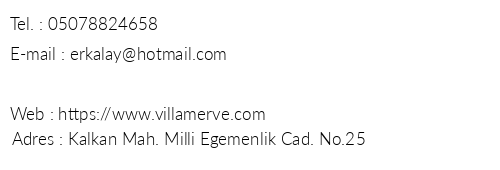 Villa Merve telefon numaralar, faks, e-mail, posta adresi ve iletiim bilgileri